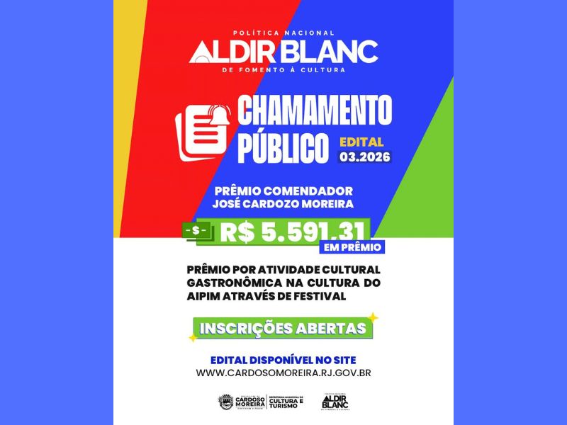 Cardoso Moreira abre inscrições para edital da Lei Aldir Blanc com prêmio de R$ 5,5 mil